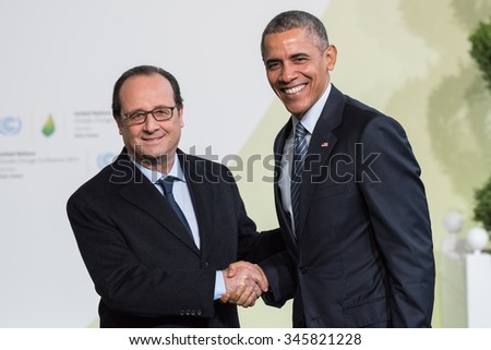 LE BOURGET, FRANCE - NOVEMBER 30, 2015 : French President Francois Hollande and Barack Obama, President of United State of America at the Paris COP21, United nations conference on climate change.