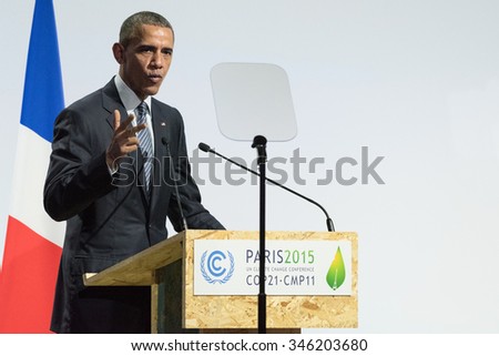 LE BOURGET near PARIS, FRANCE - NOVEMBER 30, 2015 : Barack Obama, President of United State of America delivering his speech at the Paris COP21, United nations conference on climate change.