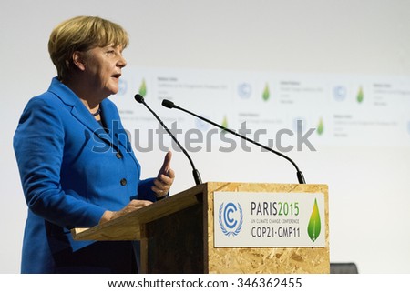 LE BOURGET near PARIS, FRANCE - NOVEMBER 30, 2015 : German Chancellor Angela Merkel delivering his speech at the Paris COP21, United nation conference on climate change.