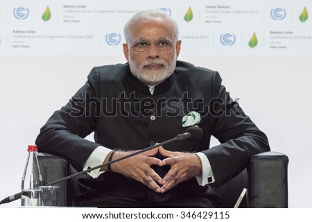 LE BOURGET near PARIS, FRANCE - NOVEMBER 30, 2015 : Prime Minister of india Narendra Modi at the Paris COP21, United nation conference on climate change during the meeting about solar alliance.