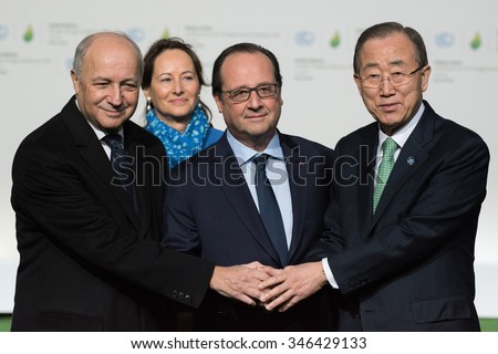 LE BOURGET near PARIS, FRANCE - NOVEMBER 30, 2015 : President of COP21 Laurent Fabius, French President Francois Hollande and Secretary General of the United Nationsat Ban Ki-moon at the Paris COP21.