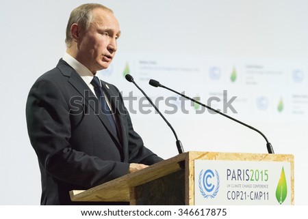 LE BOURGET near PARIS, FRANCE - NOVEMBER 30, 2015 : President of Russia Vladimir Putin delivering his National statement at the Paris COP21, United nations conference on climate change.