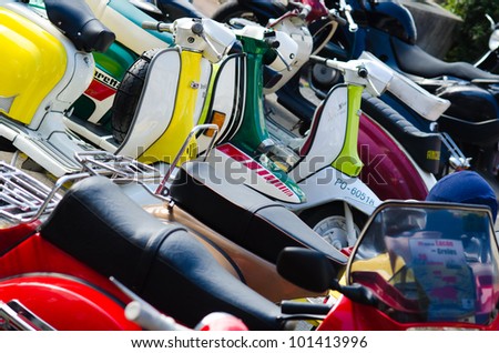 CUNTIS - FEBRUARY 26: Details of motorcycles Vespa and Lambreta type in the concentration of old bikes held on 26 February, 2012, in the village of Cuntis, in the province of Pontevedra, Spain.