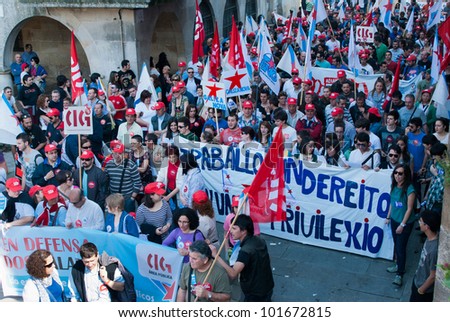 GALICIA, SPAIN - MARCH 29: General strike in Spain, Labor unions in protest demonstration to the Labor Reform approved by the Government of Spain on March 29, 2012 in Pontevedra, Spain.