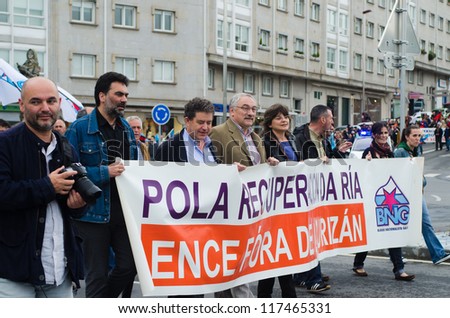 PONTEVEDRA, SPAIN - JUNE 11: Demonstration of ecologists for the closure of the pulp mill in the Ria of Pontevedra in Galicia, June 11, 2011 in Pontevedra, Spain.