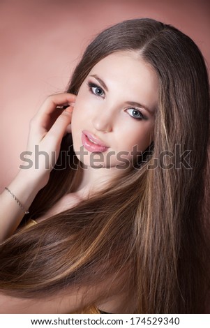 Brunette hair Woman beauty face with ideal skin, spa, cosmetology, perfect skin woman, natural makeup girl, beauty model portrait. Brown hair woman. Brunette long hair. studio, isolated.