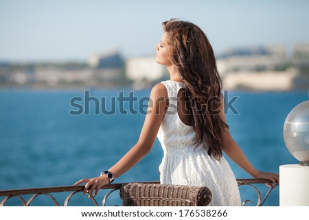 Beautiful Young Woman At Sea Lifestyle Portrait Summer Vacation, Pretty Young Girl Resting At Luxury Villa Near Beach. Series