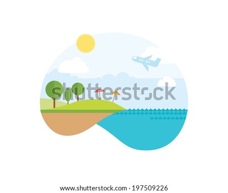 Summer landscape with sun, ocean and airplane. Travel icon.