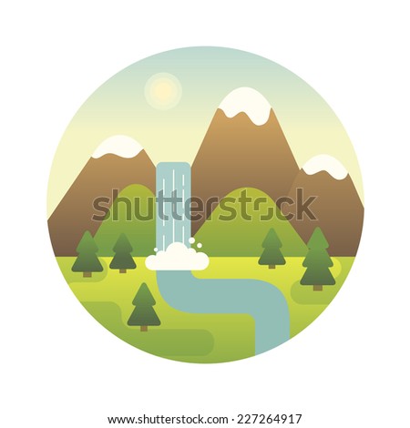 Landscape illustration. Mountain river and waterfall. Flat design icon.
