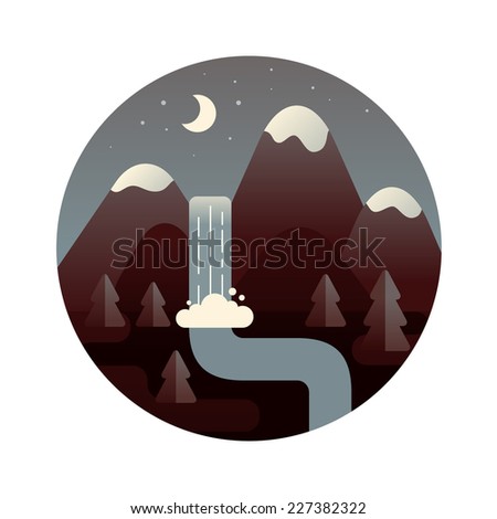 Night landscape illustration. Mountain river and waterfall. Flat design icon.