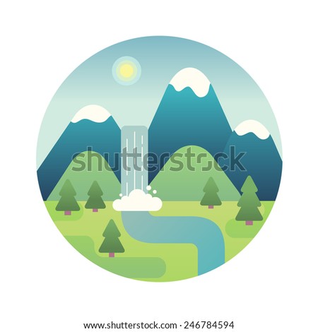 Landscape illustration. Mountain river and waterfall. Flat design icon.