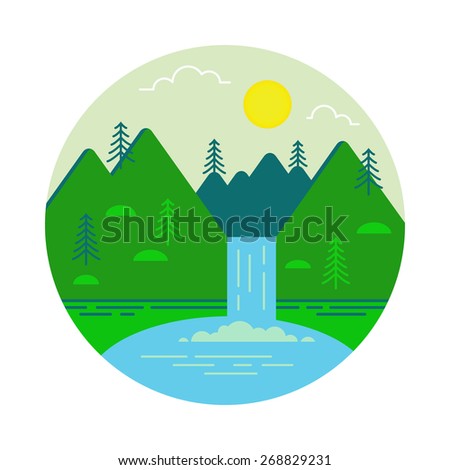 Landscape illustration. Mountain waterfall and lake. Flat design icon.