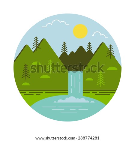Landscape illustration. Mountain waterfall and lake.