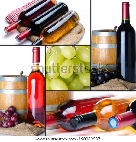 Collage of wine, grapes, bottles and a barrel