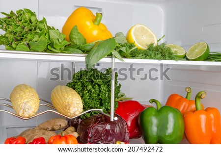Peppers, herbs and other different vegetables inside a refrigerator