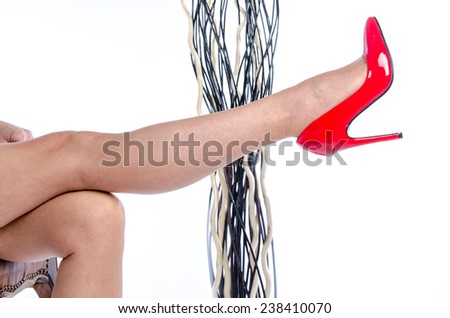 Woman wearing red high heel shoes, isolated on white