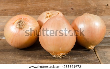 Fresh bulbs of onions on wooden background