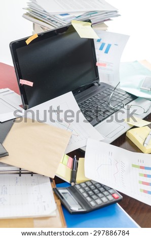 View of a untidy and cluttered desk