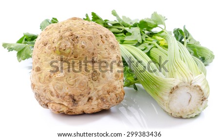 Celery root and green celery, isolated on white