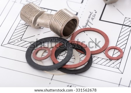 Plumbing fittings and gaskets on a plan