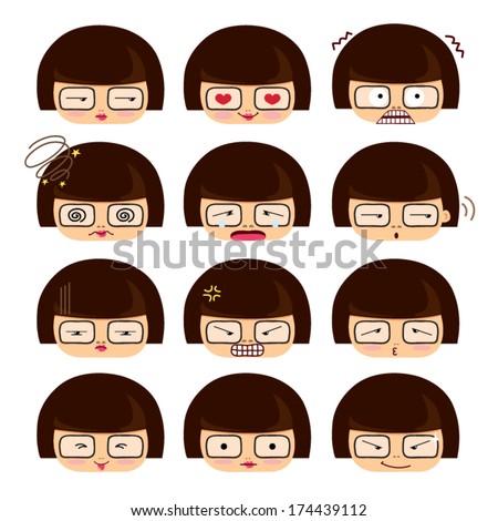 A cute girl emotions, Set of cartoon face emotions, smile,love,mad