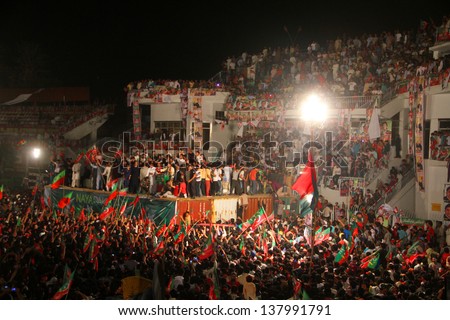 SIALKOT, PAKISTAN - MAY 06: Cricketer turned politician Imran Khan election campaign rally at Jinnah Cricket Stadium on May 06, 2013 in Sialkot, Pakistan