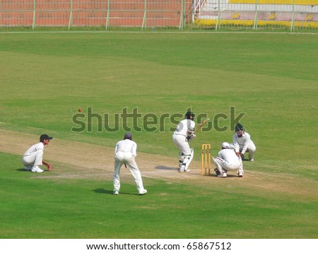 SIALKOT, PAKISTAN - OCTOBER 16: Under 19 cricket match Played between Hafizabad and Mandi Bahaudin teams at Jinnah Cricket Stadium. October 16, 2010 in Sialkot, Pakistan