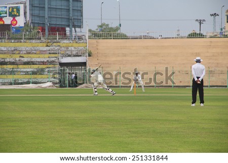 SIALKOT, PAKISTAN - OCTOBER 10: Quaid-e-Azam Trophy Cricket Match Played Between Sialkot and HBL Teams at Jinnah Cricket Stadium. October 10, 2015 in Sialkot, Pakistan