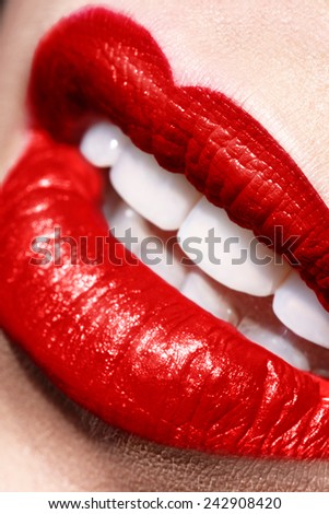 Sensual open red Lips make up closeup. Macro shot