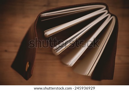 top view on leather notebook with clasp