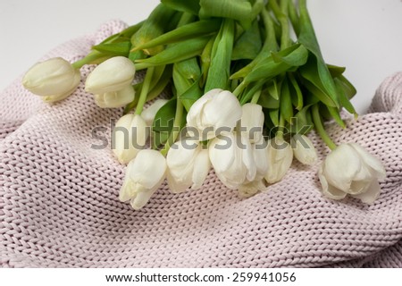a white tulips bouquet on knitted texture background