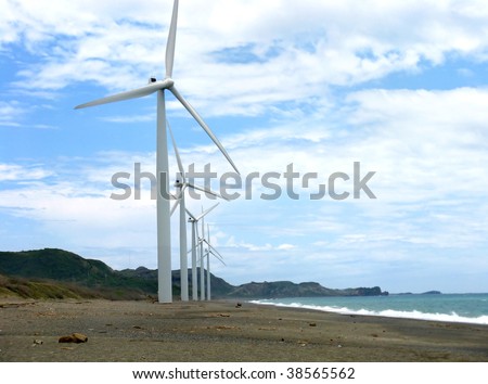 Windmills along the shoreline of Ilocos Norte Philippines