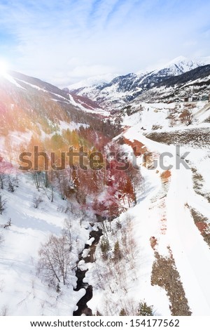 Creek in the mountain at winter in Pyrenees mountains