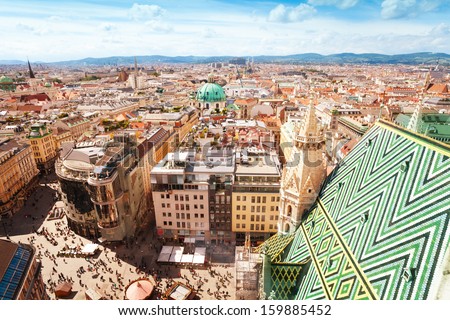 View from St. Stephen\'s Cathedral over Stephansplatz square in Vienna, capital of Austria on sunny day