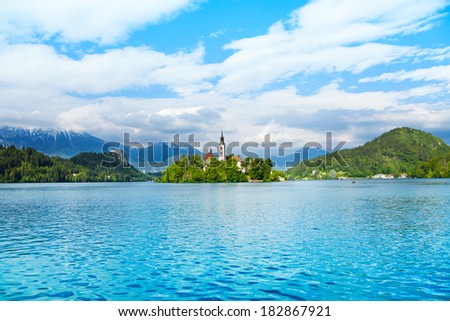 Bled lake panorama with island, church and castle, main tourist attraction in, Slovenia