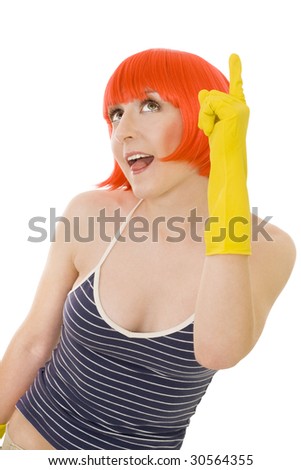 stock photo : woman with red hair and yellow gloves pointing with finger isolated