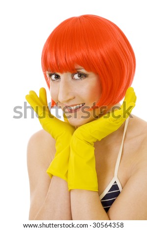 stock photo : woman with red hair and yellow gloves