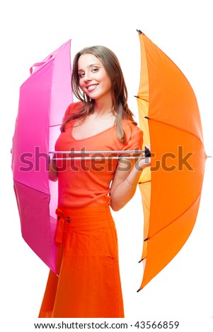 Stylish young woman with color umbrellas smile, isolated