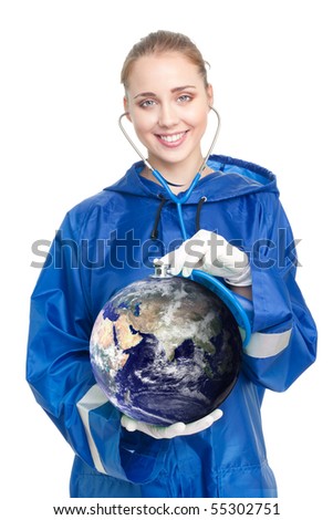 Happy woman doctor exam earth health with stethoscope