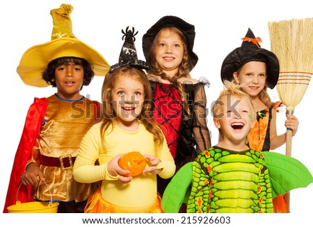 Close shoot of five kids in Halloween costumes