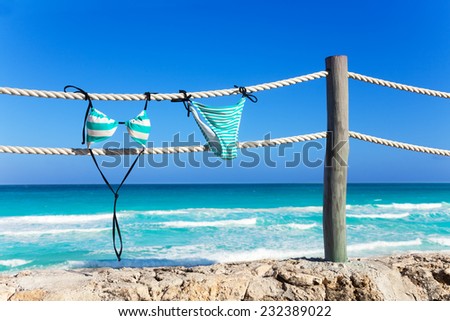 Blue woman\'s swimming suit hanging on white ropes