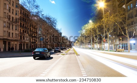 Passeig de LluÃ?Â?Ã?Â­s Companys boulevard towards arc de Triomf, Barcelona, Spain day and night in one photo shoot