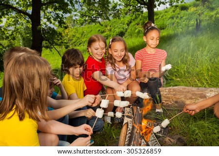 Teenagers sitting near bonfire with marshmallow