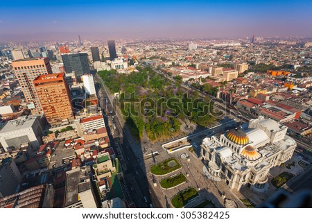 Areal view of the Palace of fine arts, central Alameda park and downtown Mexico capital city from Torre Latinoamericana to the north west direction