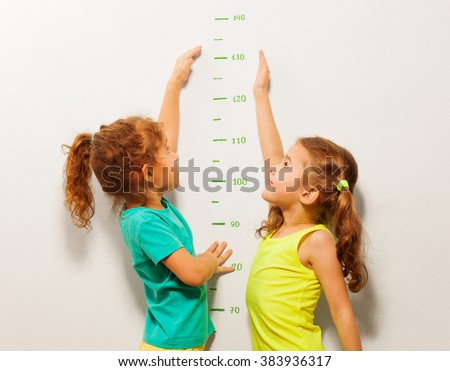 Happy girls stretch hands up on wall scale