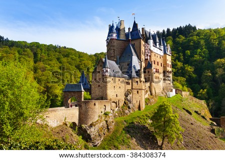Eltz castle gates and fortification side view Muenstermaifeld, Mayen-Koblenz, Rhineland-Palatinate, Germany Europe