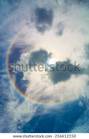 The sun halo and clouds  has rainbow radius.
The sun halo and cloudscape.