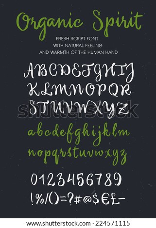 Retro vector 'Organic Spirit' brush script lettering font, handwritten calligraphic alphabet