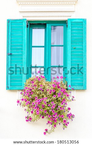 the wooden aqua window with pink flowers