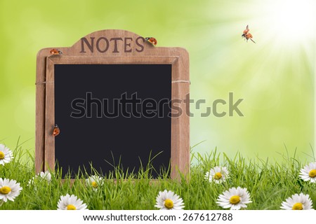 Note on table in flower meadow with ladybug